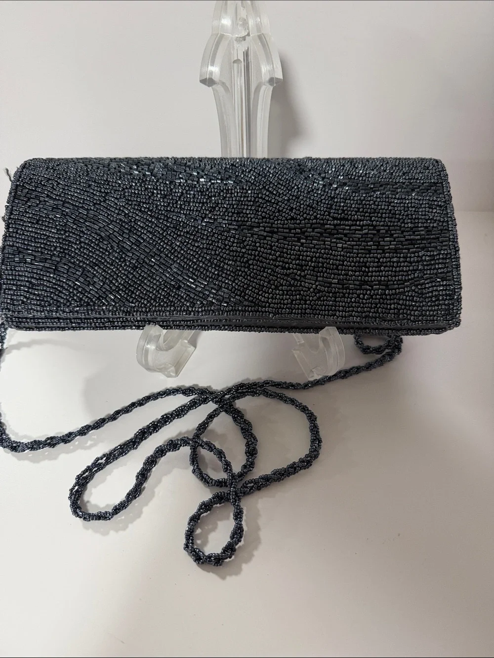 Bijoux Terner Navy Beaded Clutch with Chain Strap